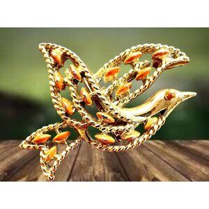 Vintage Gerrys Peace Dove Brooch Pin Faux Coral Beads Gold Tone Open Cut…